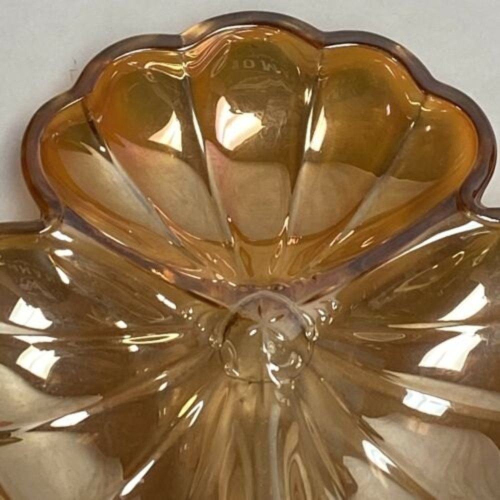 Jeannette Glass Marigold Iridescent Carnival Glass Doric Clover Leaf Candy Dish - Picture 2 of 11